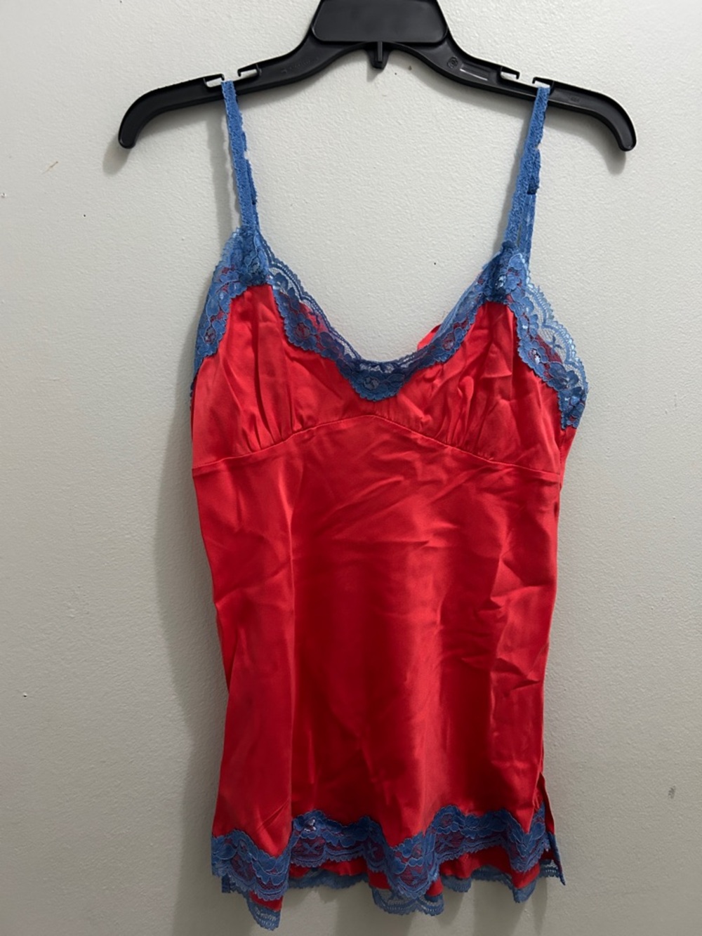 Red Satin Chemise with Blue Lace Trim - Women’s Sleepwear